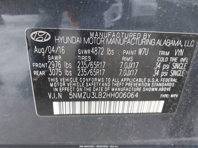 2017 Hyundai Santa Fe Sport 2.4l მანქანა იყიდება აუქციონზე, vin: 5NMZU3LB2HH006064, აუქციონის ნომერი: 46223301