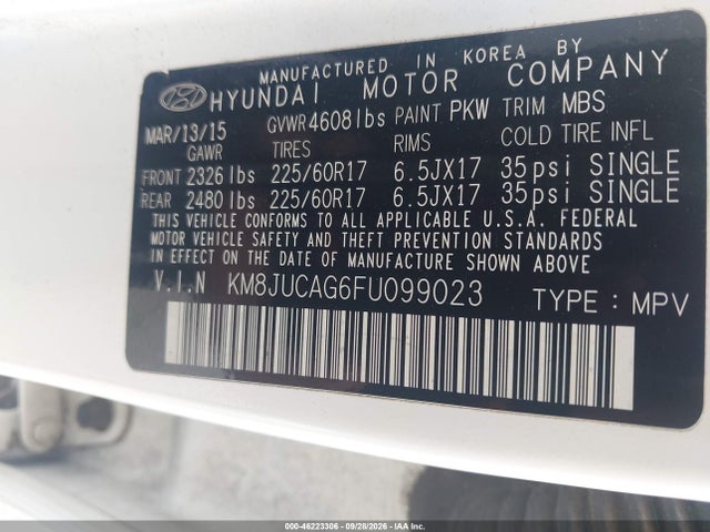 Продажа на аукционе авто 2015 Hyundai Tucson Se, vin: KM8JUCAG6FU099023, номер лота: 46223306