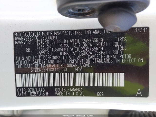 46223316 :رقم المزاد ، 5TDDK3EH1CS115560 vin ، 2012 Toyota Highlander Limited V6 مزاد بيع