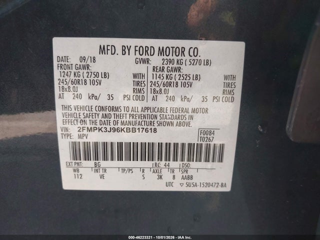 46223321 :رقم المزاد ، 2FMPK3J96KBB17618 vin ، 2019 Ford Edge Sel مزاد بيع