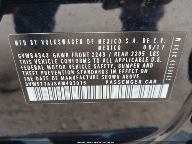 2017 Volkswagen Jetta Gli მანქანა იყიდება აუქციონზე, vin: 3VW5T7AJ8HM403016, აუქციონის ნომერი: 46223348