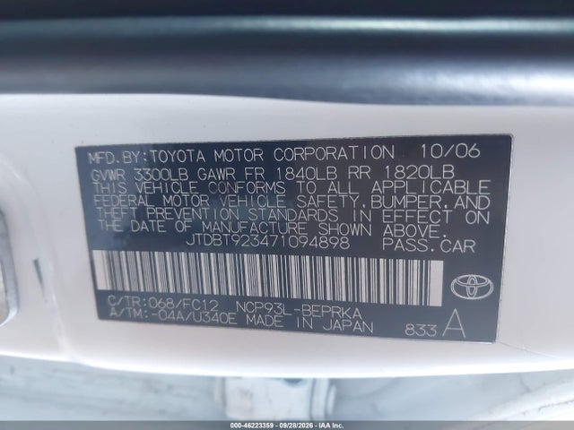 Aukcja sprzedaży 2007 Toyota Yaris, vin: JTDBT923471094898, numer aukcji: 46223359