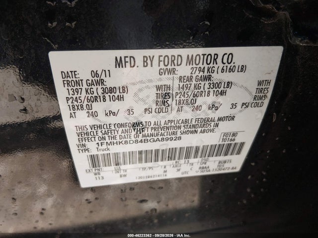 Продажа на аукционе авто 2011 Ford Explorer Xlt, vin: 1FMHK8D84BGA89928, номер лота: 46223362