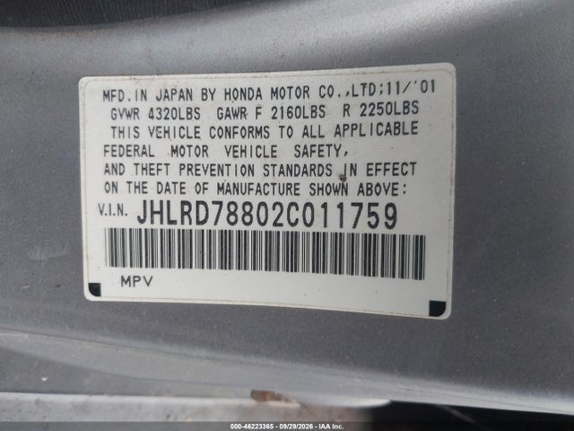 46223365 :رقم المزاد ، JHLRD78802C011759 vin ، 2002 Honda Cr-v Ex مزاد بيع