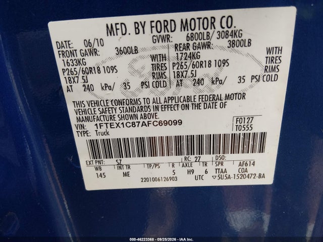 2010 Ford F-150 Xlt მანქანა იყიდება აუქციონზე, vin: 1FTEX1C87AFC69099, აუქციონის ნომერი: 46223368