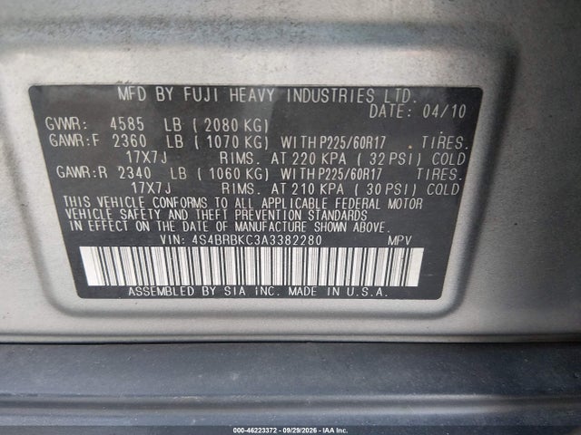 Продаж на аукціоні авто 2010 Subaru Outback 2.5i Limited, vin: 4S4BRBKC3A3382280, номер лоту: 46223372