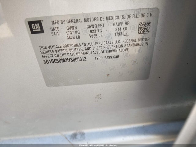 46223385 :رقم المزاد ، 3G1BE6SM2HS605812 vin ، 2017 Chevrolet Cruze Lt Auto مزاد بيع