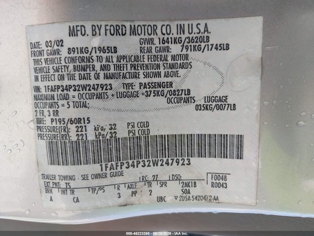 46223395 :رقم المزاد ، 1FAFP34P32W247923 vin ، 2002 Ford Focus Se مزاد بيع