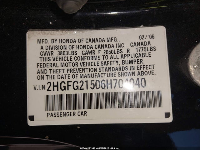 2006 Honda Civic Si მანქანა იყიდება აუქციონზე, vin: 2HGFG21506H704040, აუქციონის ნომერი: 46223396