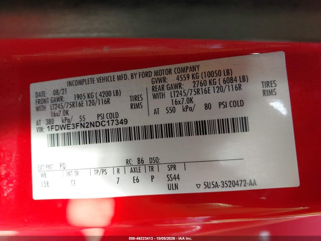 46223413 :رقم المزاد ، 1FDWE3FN2NDC17349 vin ، 2022 Ford E-350 Cutaway مزاد بيع
