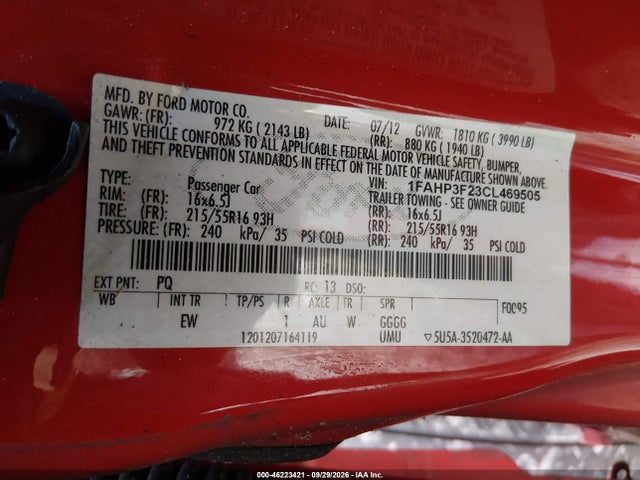 Aukcja sprzedaży 2012 Ford Focus Se, vin: 1FAHP3F23CL469505, numer aukcji: 46223421