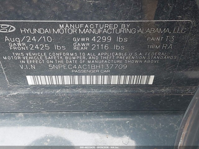 2011 Hyundai Sonata Limited მანქანა იყიდება აუქციონზე, vin: 5NPEC4AC1BH137709, აუქციონის ნომერი: 46223428