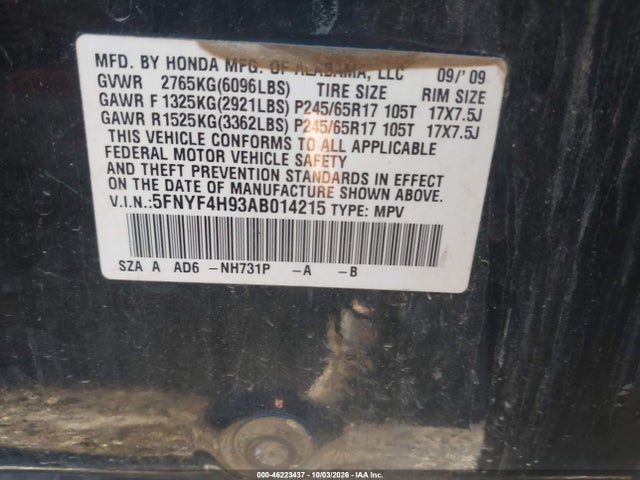 Продаж на аукціоні авто 2010 Honda Pilot Touring, vin: 5FNYF4H93AB014215, номер лоту: 46223437