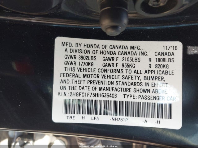 Aukcja sprzedaży 2017 Honda Civic Ex-l, vin: 2HGFC1F75HH636403, numer aukcji: 46223445