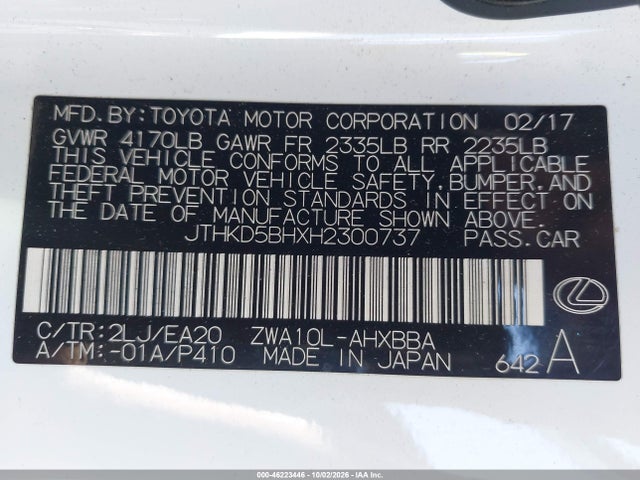 Aukcja sprzedaży 2017 Lexus Ct 200h, vin: JTHKD5BHXH2300737, numer aukcji: 46223446