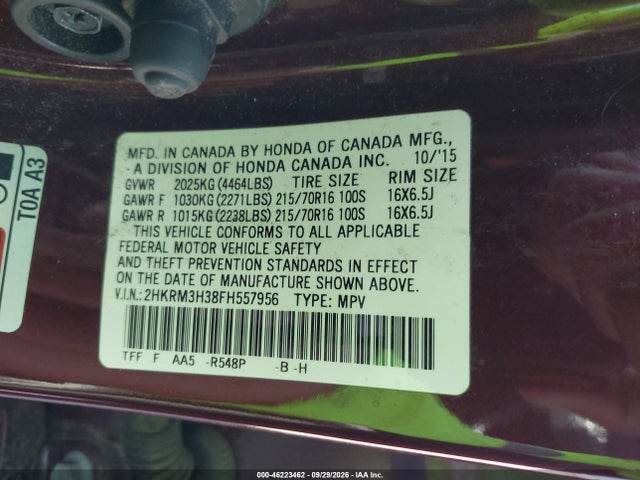 46223462 :رقم المزاد ، 2HKRM3H38FH557956 vin ، 2015 Honda Cr-v Lx مزاد بيع