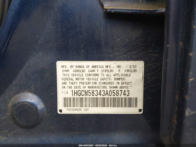 Aukcja sprzedaży 2003 Honda Accord 2.4 Lx, vin: 1HGCM56343A058743, numer aukcji: 46223463