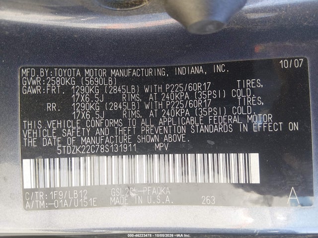 2008 Toyota Sienna Limited მანქანა იყიდება აუქციონზე, vin: 5TDZK22C78S131911, აუქციონის ნომერი: 46223478