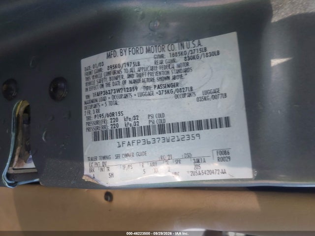 Aukcja sprzedaży 2003 Ford Focus Se/ztw, vin: 1FAFP36373W212359, numer aukcji: 46223500