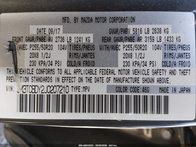 2018 Mazda Cx-9 Grand Touring მანქანა იყიდება აუქციონზე, vin: JM3TCBDY2J0207210, აუქციონის ნომერი: 46223522