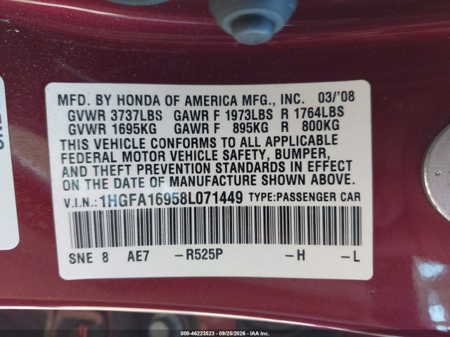 Продаж на аукціоні авто 2008 Honda Civic Ex-l, vin: 1HGFA16958L071449, номер лоту: 46223523