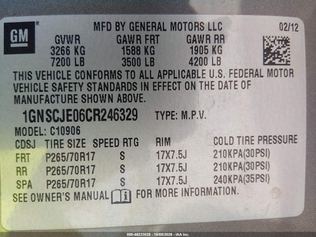 46223525 :رقم المزاد ، 1GNSCJE06CR246329 vin ، 2012 Chevrolet Suburban 1500 Lt مزاد بيع