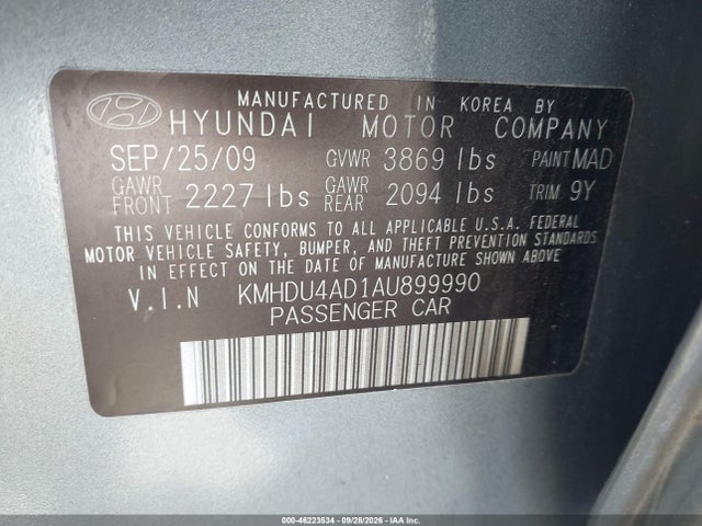 Aukcja sprzedaży 2010 Hyundai Elantra Gls, vin: KMHDU4AD1AU899990, numer aukcji: 46223534