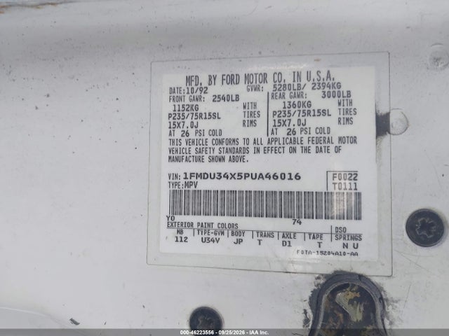 46223556 :رقم المزاد ، 1FMDU34X5PUA46016 vin ، 1993 Ford Explorer مزاد بيع