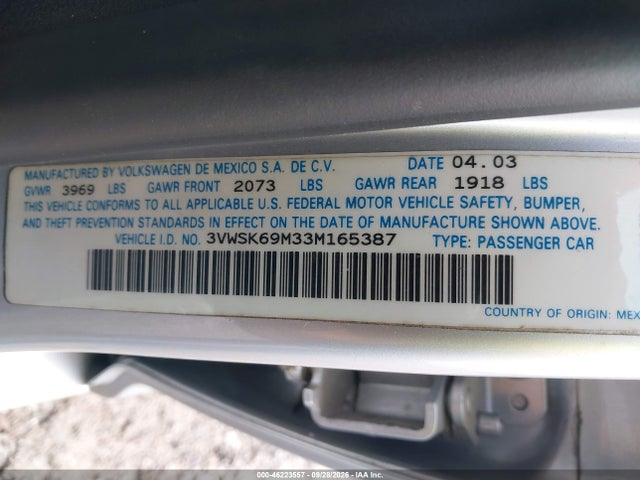 Aukcja sprzedaży 2003 Volkswagen Jetta Gls 2.0l, vin: 3VWSK69M33M165387, numer aukcji: 46223557