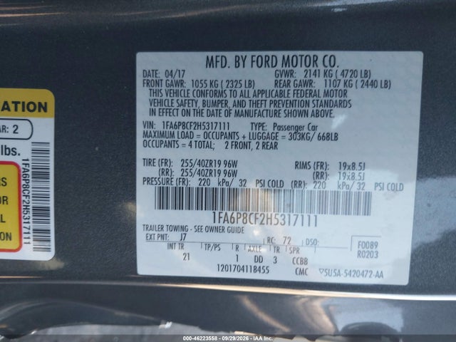 Продажа на аукционе авто 2017 Ford Mustang Gt, vin: 1FA6P8CF2H5317111, номер лота: 46223558