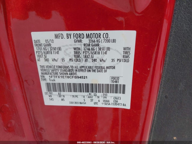 Aukcja sprzedaży 2012 Ford F-150 Xlt, vin: 1FTFX1ET8CFB94521, numer aukcji: 46223563