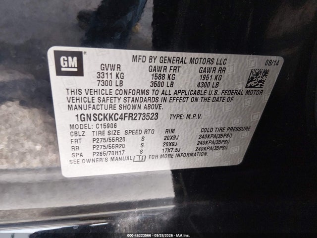 Продаж на аукціоні авто 2015 Chevrolet Suburban 1500 Ltz, vin: 1GNSCKKC4FR273523, номер лоту: 46223566