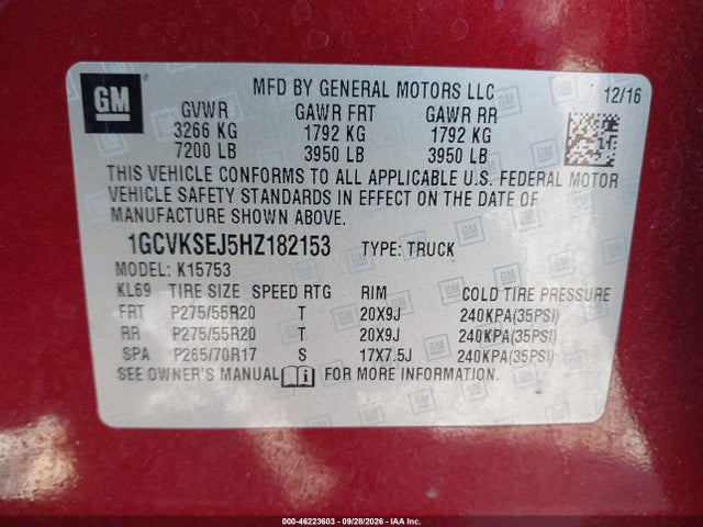 Продажа на аукционе авто 2017 Chevrolet Silverado 1500 1lz, vin: 1GCVKSEJ5HZ182153, номер лота: 46223603