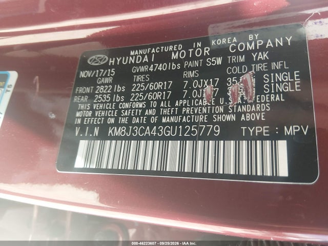 46223607 :رقم المزاد ، KM8J3CA43GU125779 vin ، 2016 Hyundai Tucson Se مزاد بيع