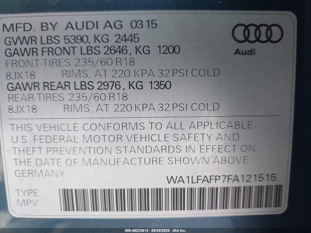 Продаж на аукціоні авто 2015 Audi Q5 2.0t Premium, vin: WA1LFAFP7FA121515, номер лоту: 46223612