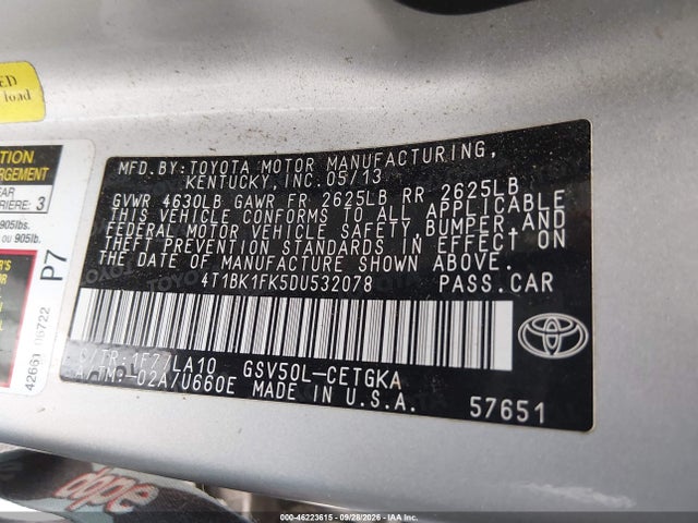 Aukcja sprzedaży 2013 Toyota Camry Xle V6, vin: 4T1BK1FK5DU532078, numer aukcji: 46223615