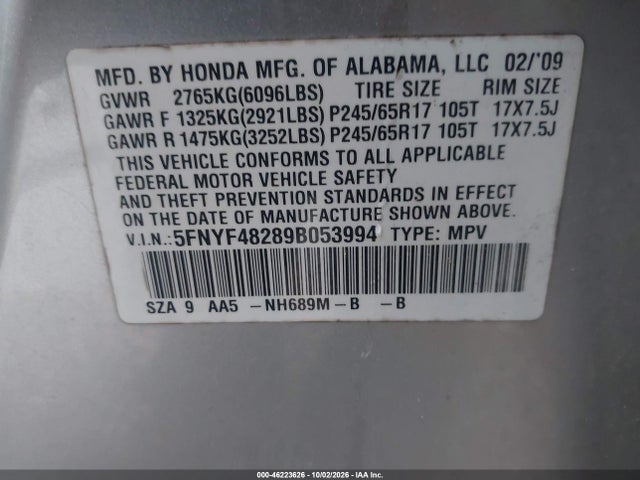 46223626 :رقم المزاد ، 5FNYF48289B053994 vin ، 2009 Honda Pilot Lx مزاد بيع