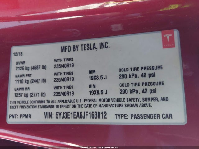 Продаж на аукціоні авто 2018 Tesla Model 3 Long Range/mid Range, vin: 5YJ3E1EA6JF163812, номер лоту: 46223631