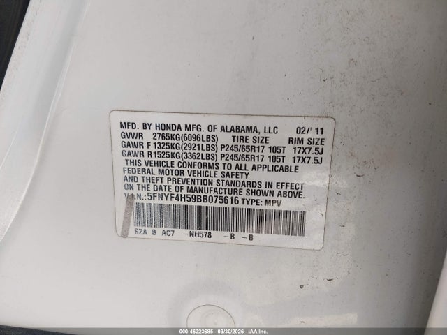 46223685 :رقم المزاد ، 5FNYF4H59BB075616 vin ، 2011 Honda Pilot Ex-l مزاد بيع