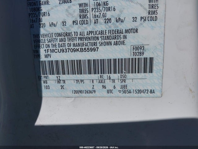 46223687 :رقم المزاد ، 1FMCU93709KB55997 vin ، 2009 Ford Escape Xlt مزاد بيع