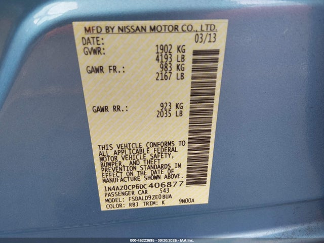 46223695 :رقم المزاد ، 1N4AZ0CP6DC406877 vin ، 2013 Nissan Leaf Sv مزاد بيع