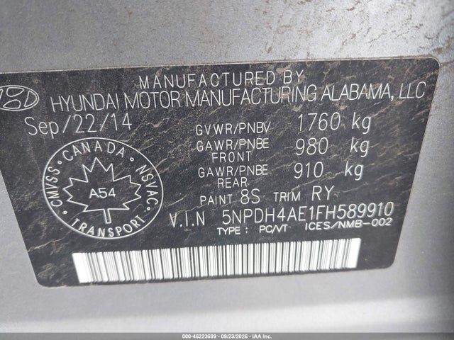 Продаж на аукціоні авто 2015 Hyundai Elantra Gl, vin: 5NPDH4AE1FH589910, номер лоту: 46223699