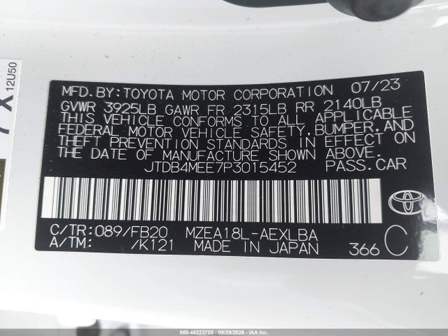46223700 :رقم المزاد ، JTDB4MEE7P3015452 vin ، 2023 Toyota Corolla Le مزاد بيع
