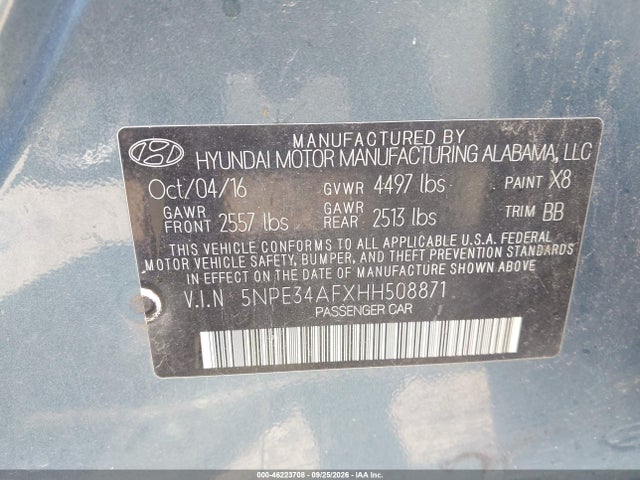 Aukcja sprzedaży 2017 Hyundai Sonata Limited, vin: 5NPE34AFXHH508871, numer aukcji: 46223708