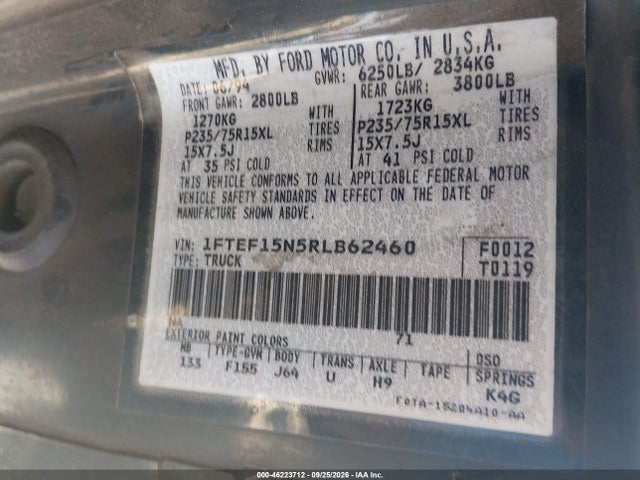 1994 Ford F150 მანქანა იყიდება აუქციონზე, vin: 1FTEF15N5RLB62460, აუქციონის ნომერი: 46223712