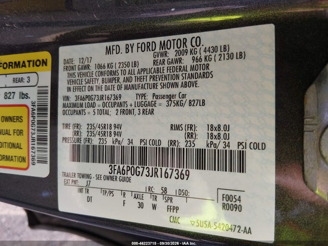 Aukcja sprzedaży 2018 Ford Fusion S, vin: 3FA6P0G73JR167369, numer aukcji: 46223715