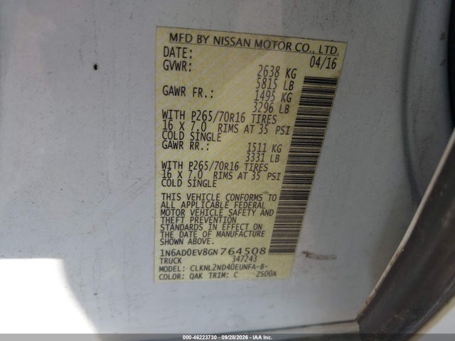 2016 Nissan Frontier Sv მანქანა იყიდება აუქციონზე, vin: 1N6AD0EV8GN764508, აუქციონის ნომერი: 46223730