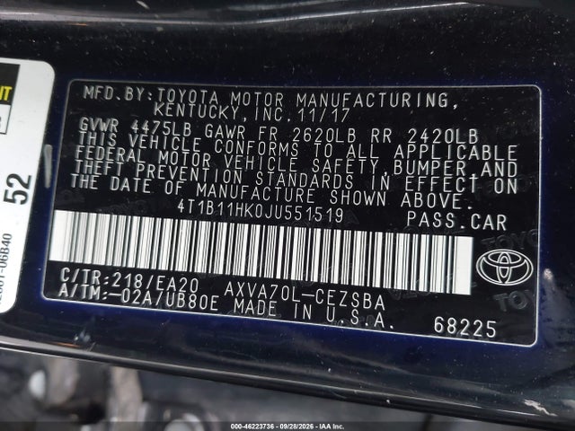Aukcja sprzedaży 2018 Toyota Camry Se, vin: 4T1B11HK0JU551519, numer aukcji: 46223736