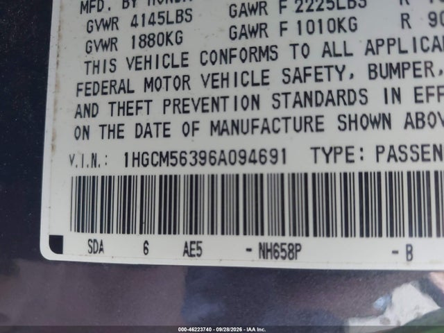 46223740 :رقم المزاد ، 1HGCM56396A094691 vin ، 2006 Honda Accord 2.4 Se مزاد بيع