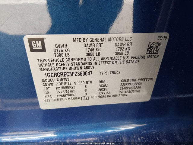 2015 Chevrolet Silverado 1500 1lt მანქანა იყიდება აუქციონზე, vin: 1GCRCREC3FZ360647, აუქციონის ნომერი: 46223759